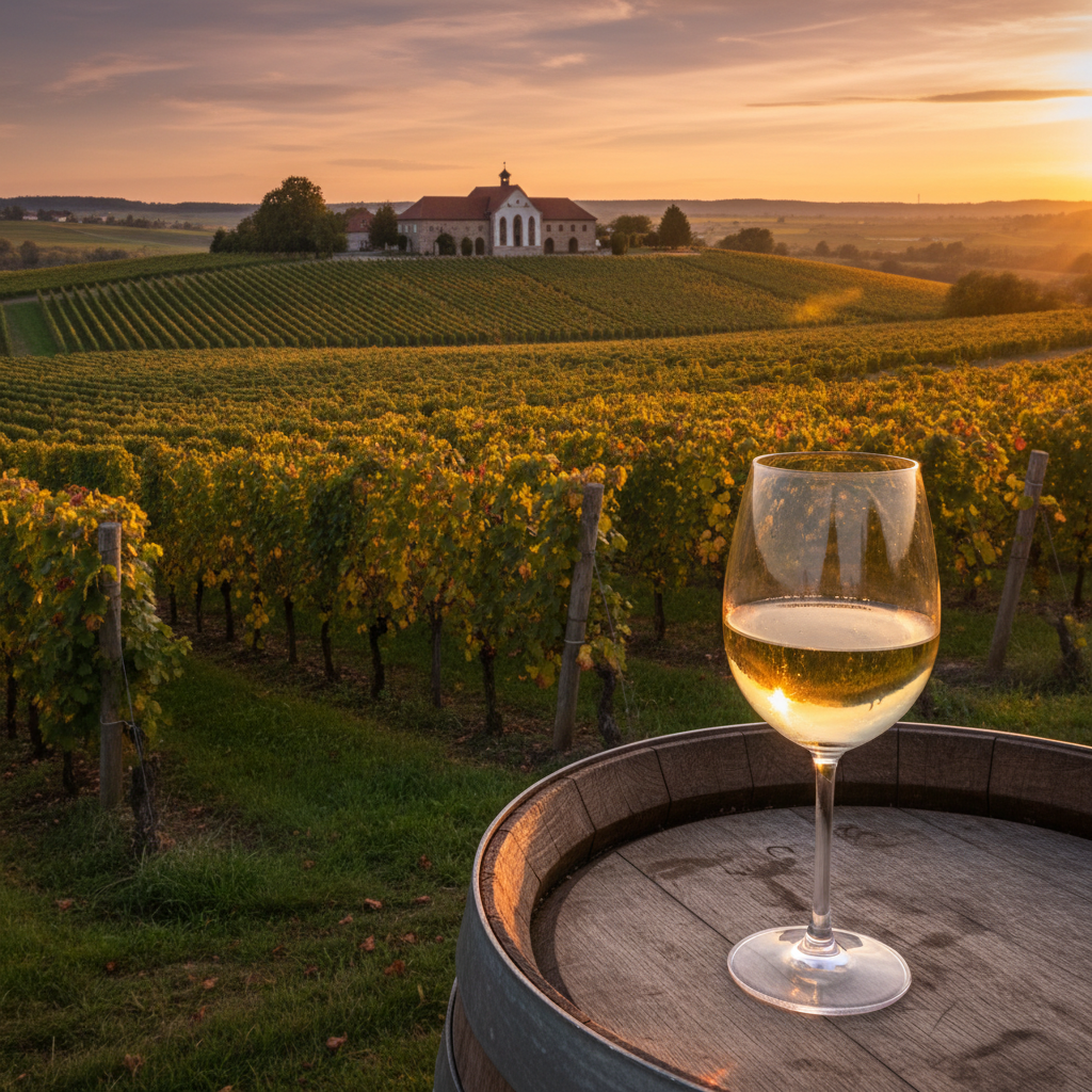 Paisagem deslumbrante de vinhedos austríacos ao entardecer, com uma taça de vinho branco em um barril de madeira.