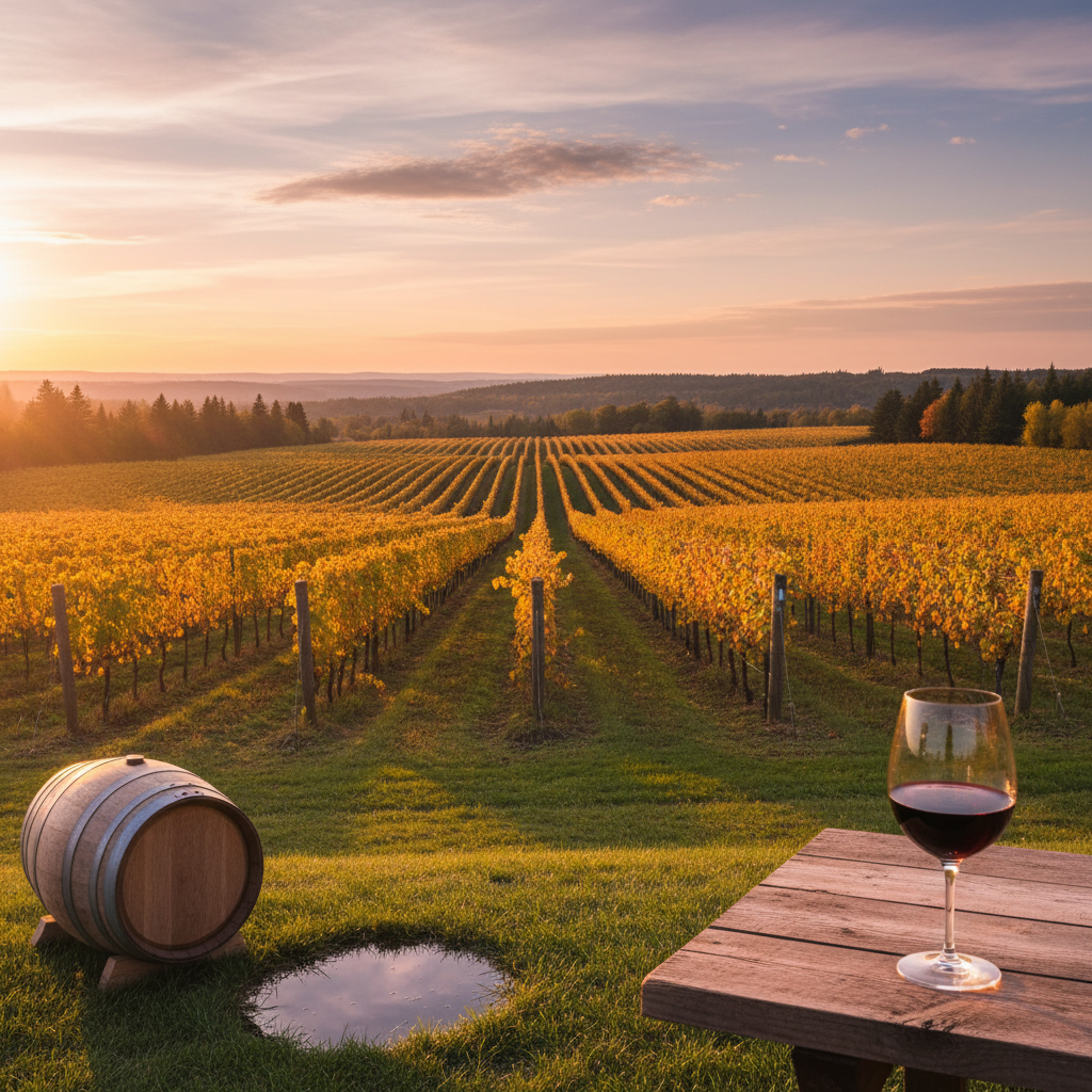 Vinhedo canadense ao pôr do sol com um barril de vinho e taça, refletindo a beleza da paisagem vinícola de Ontário ou BC.