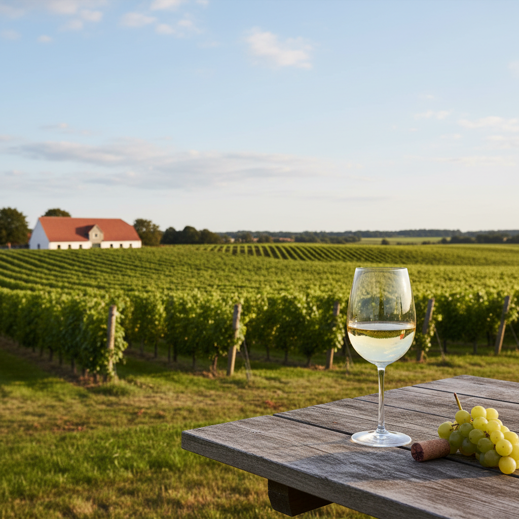 Paisagem de um vinhedo na Dinamarca, com fileiras de videiras verdes e uma taça de vinho branco sobre uma mesa rústica, refletindo a luz suave do norte.