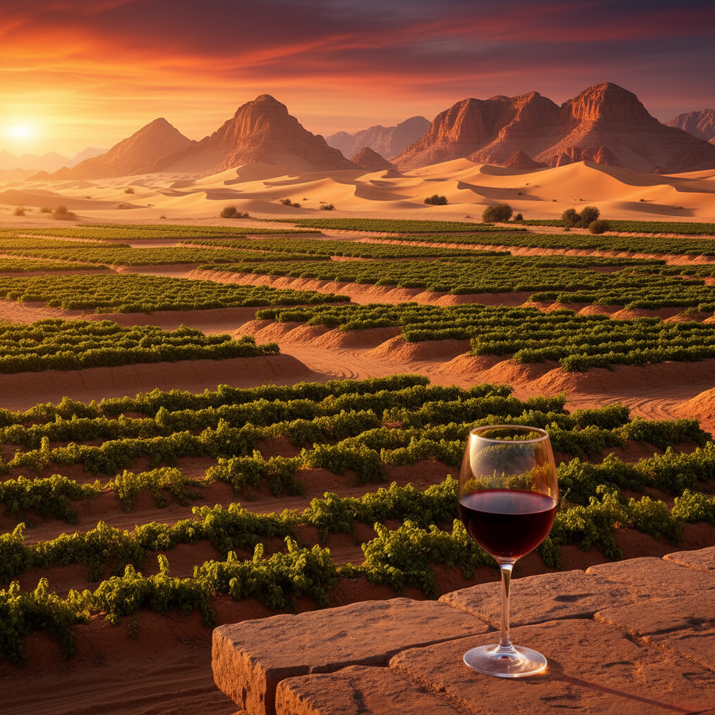 Vinhedo no deserto do Egito ao pôr do sol, com fileiras de videiras verdes e dunas douradas ao fundo. Uma taça de vinho tinto sobre uma mesa de pedra.