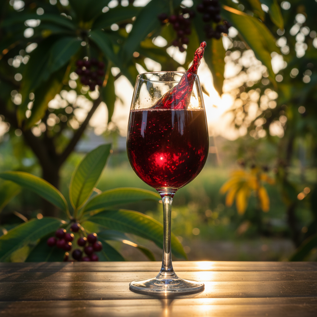 Taça de vinho de fruta filipino sobre mesa de madeira, com paisagem tropical e árvores frutíferas ao fundo no pôr do sol.