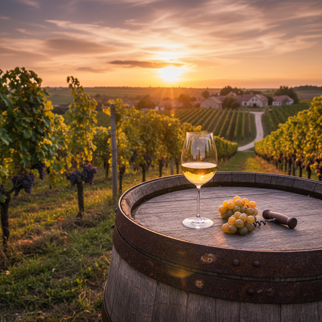 Vinhedo húngaro dourado ao pôr do sol, com taça de vinho e barril de madeira em primeiro plano, evocando a beleza e a tradição vinícola da Hungria.