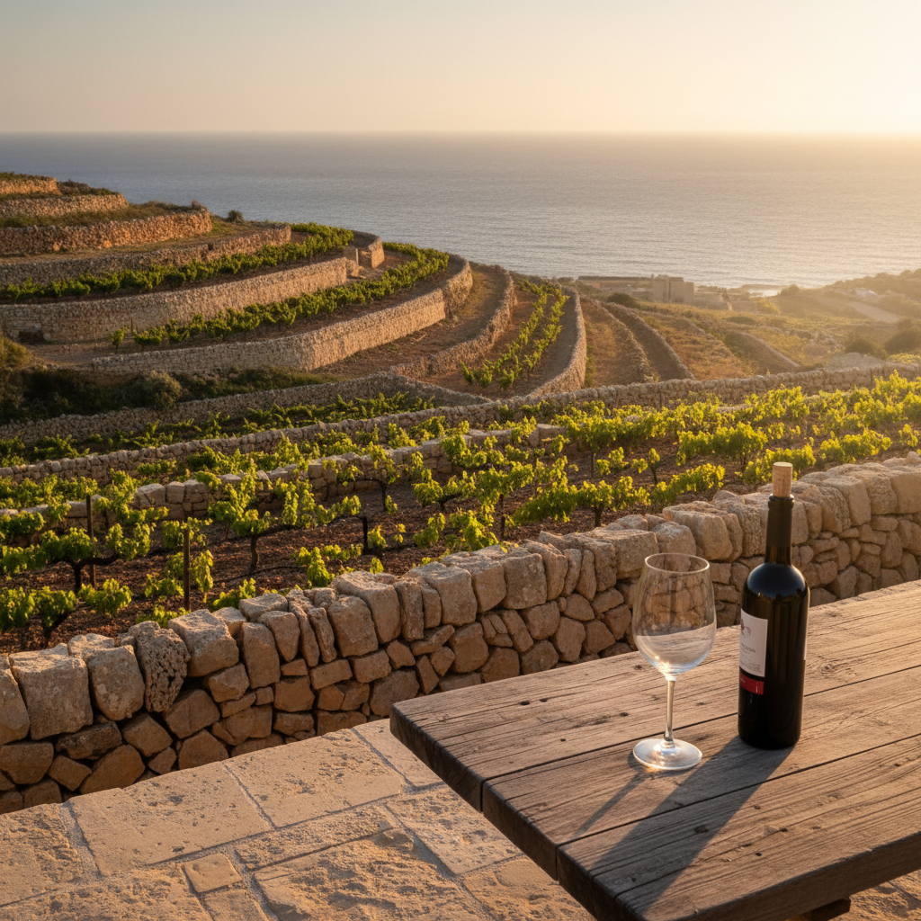 Vinhedo ensolarado em Malta com o mar Mediterrâneo ao fundo, uma taça de vinho e uma garrafa em uma mesa rústica, evocando um roteiro enológico.