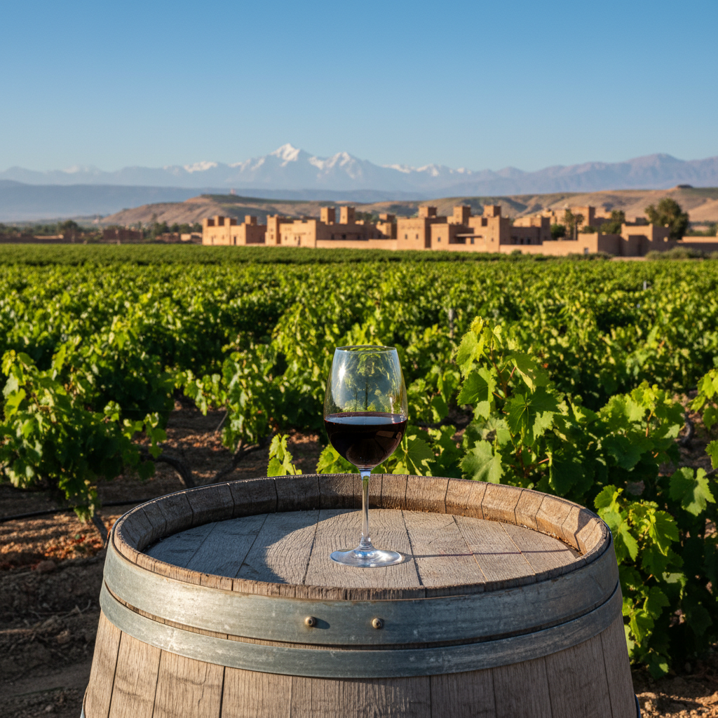 Taça de vinho tinto sobre barril de madeira em vinhedo marroquino ensolarado com montanhas ao fundo.