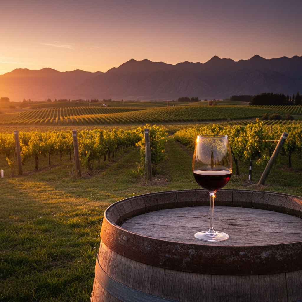 Vinhedo exuberante na Nova Zelândia ao pôr do sol, com montanhas ao fundo e uma taça de vinho sobre um barril de madeira, simbolizando a experiência enológica.