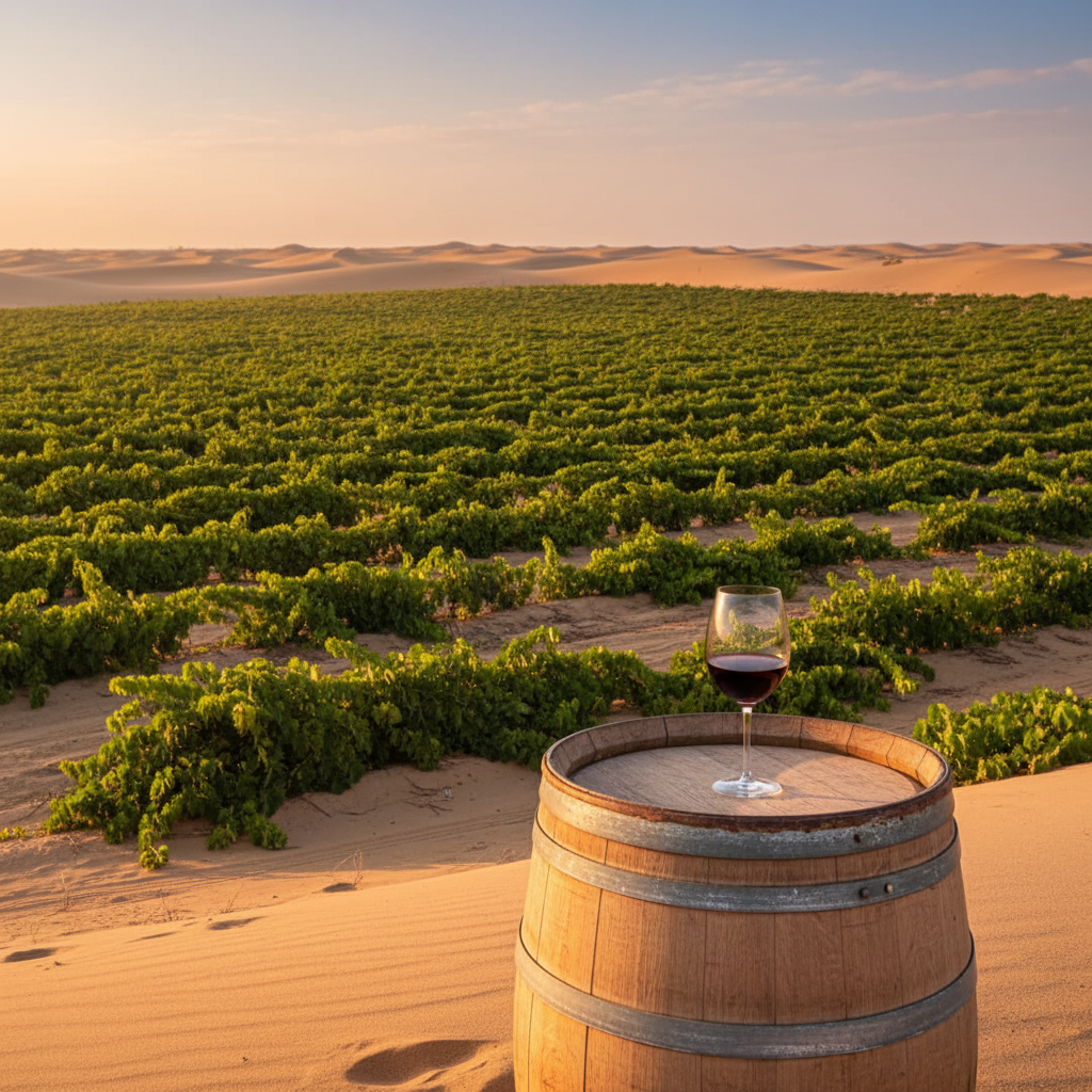Vinhedo exuberante no deserto peruano ao pôr do sol, com taça de vinho sobre barril de madeira, destacando a paisagem árida de Ica.