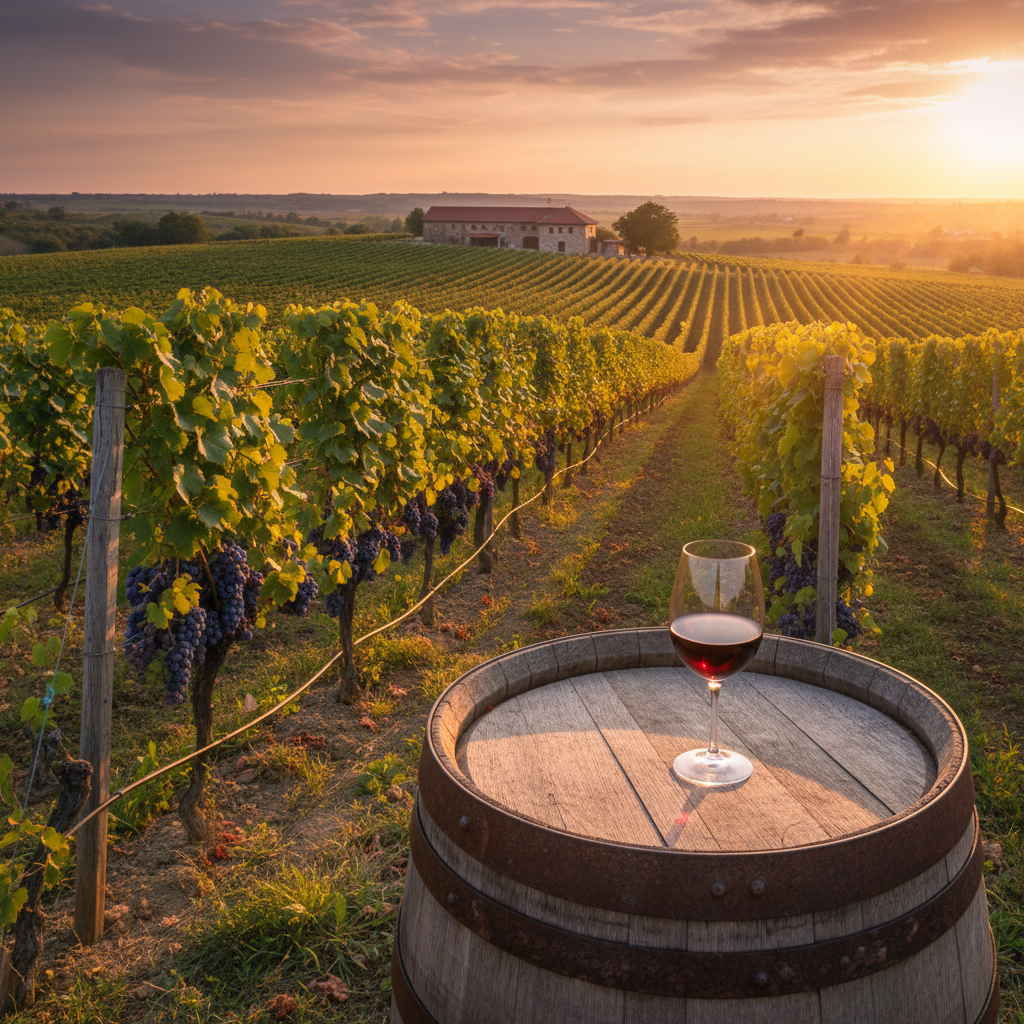 Vinhedo sérvio ao pôr do sol com uma taça de vinho tinto sobre um barril de madeira e uma vinícola ao fundo.
