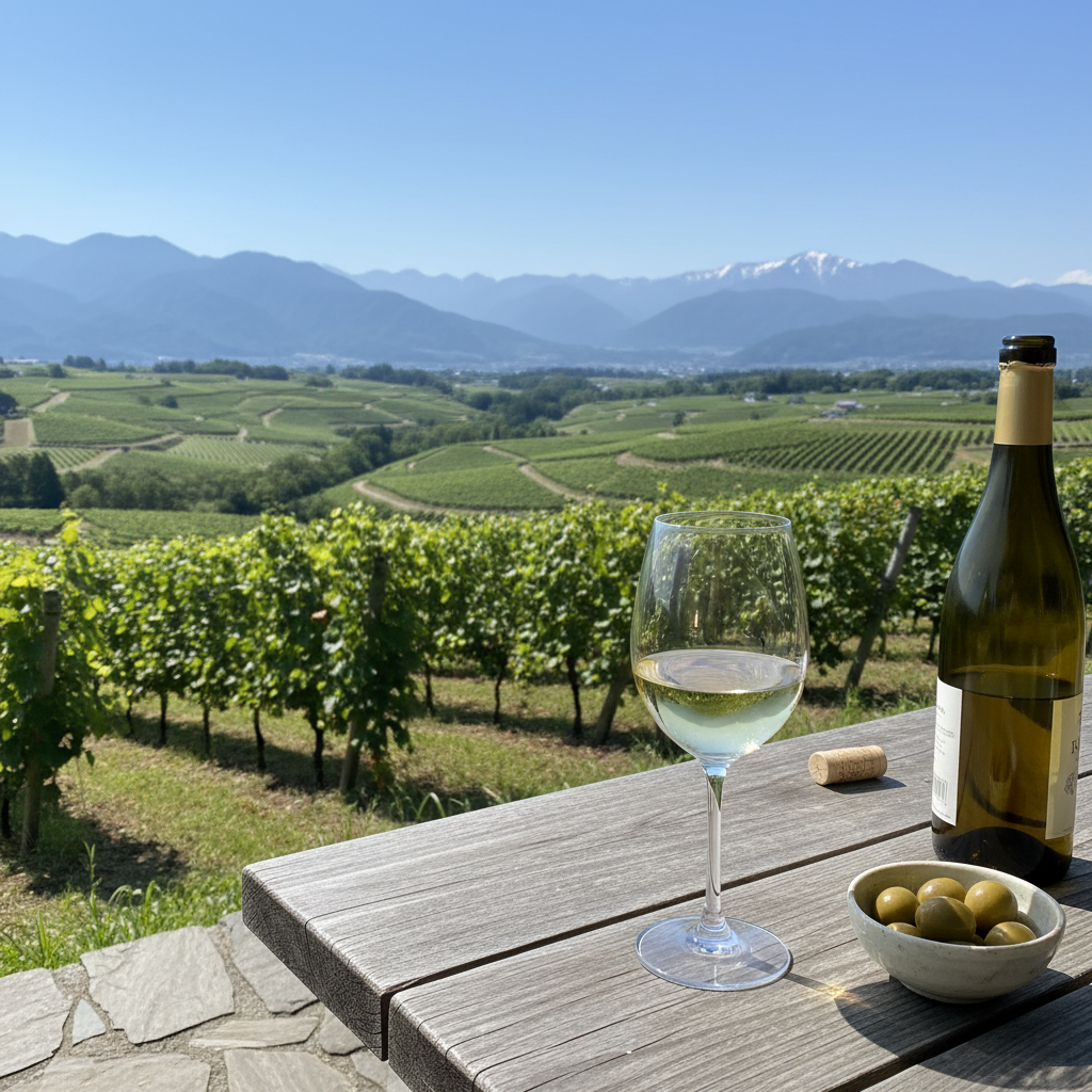 Vinhedo exuberante em Yamanashi, Japão, com um copo de vinho local em uma mesa rústica, convidando à degustação.