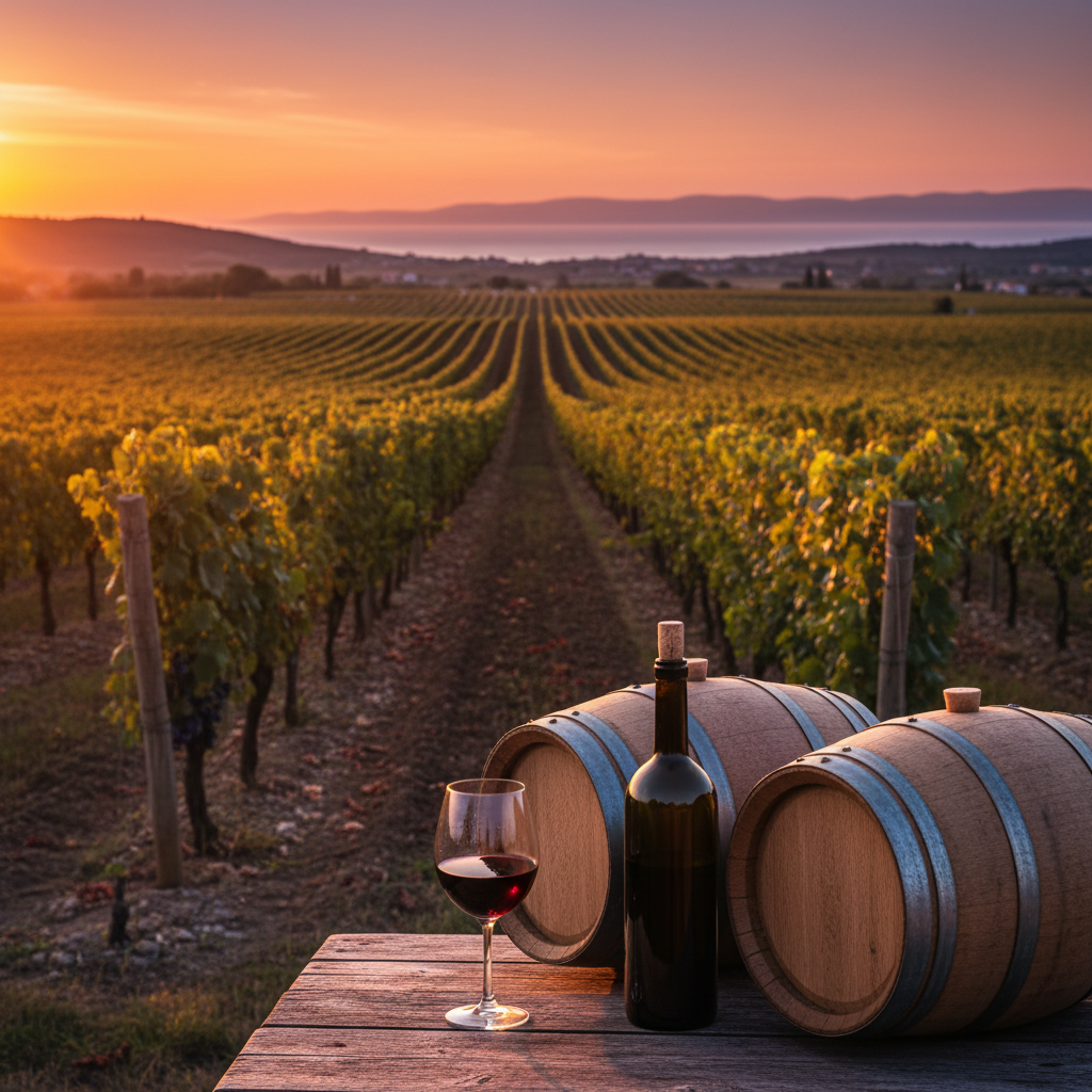 Vista panorâmica de um vinhedo croata ao pôr do sol, com uma taça de vinho tinto, garrafa e barris de carvalho em destaque, sugerindo um roteiro de degustação.