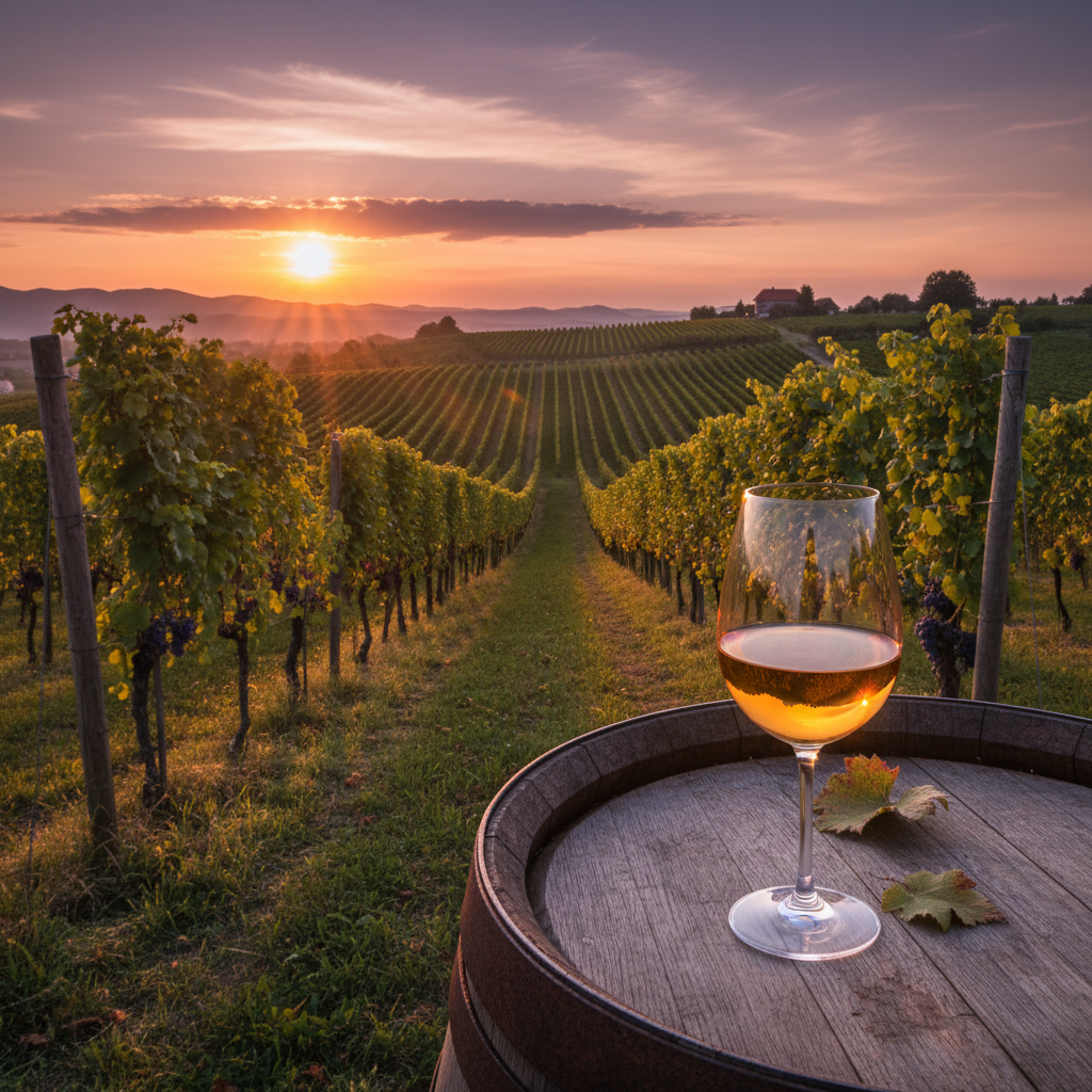 Taça de vinho âmbar e barril de madeira em um vinhedo esloveno ao pôr do sol, com fileiras de videiras ao fundo.