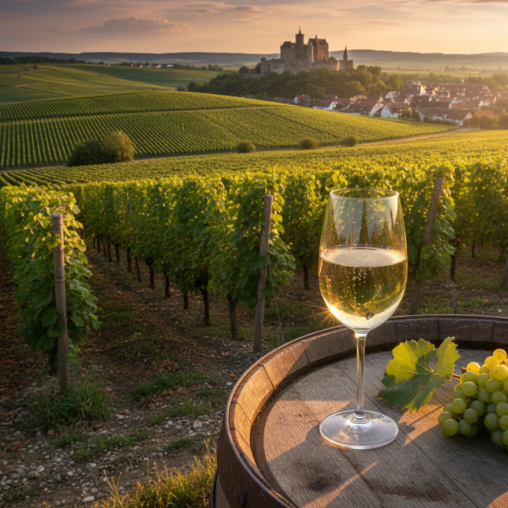 Vinhedos alemães exuberantes ao pôr do sol, com uma taça de vinho branco em um barril de madeira, simbolizando a beleza e o prazer de um roteiro de vinhos na Alemanha.
