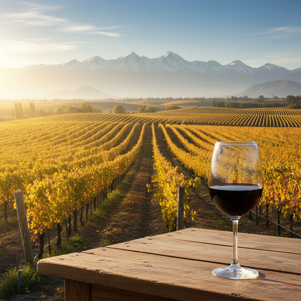 Vinhedo exuberante na Argentina com montanhas ao fundo e uma taça de vinho tinto em uma mesa rústica, sob luz dourada.
