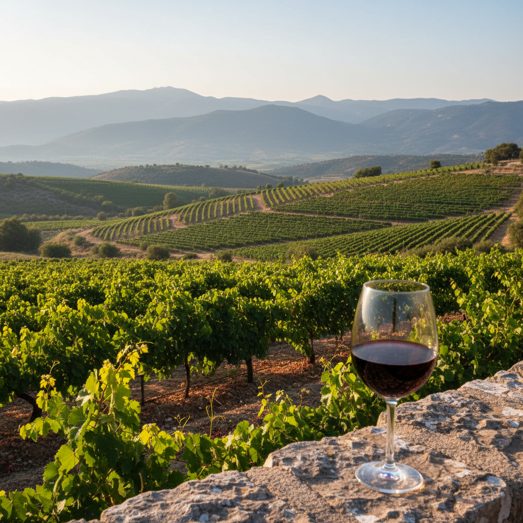 Vinhedo pitoresco nas montanhas Troodos, Chipre, com uma taça de vinho tinto ao pôr do sol, ilustrando a beleza da rota enológica.