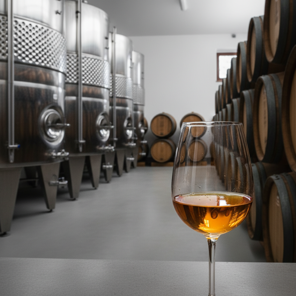 Taça de vinho âmbar em adega moderna na Letônia, refletindo a inovação vinícola do país.