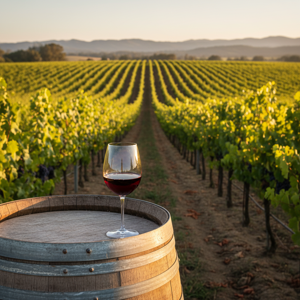 Um vinhedo ensolarado nos EUA com uma taça de vinho tinto sobre um barril de carvalho, simbolizando o enoturismo americano.