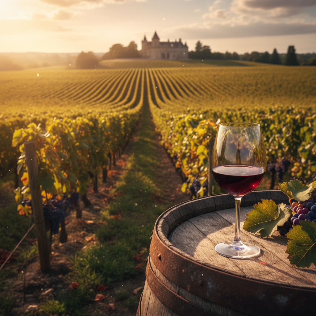 Taça de vinho tinto sobre barril de madeira em vinhedo francês ensolarado, com fileiras de videiras ao fundo e céu azul.