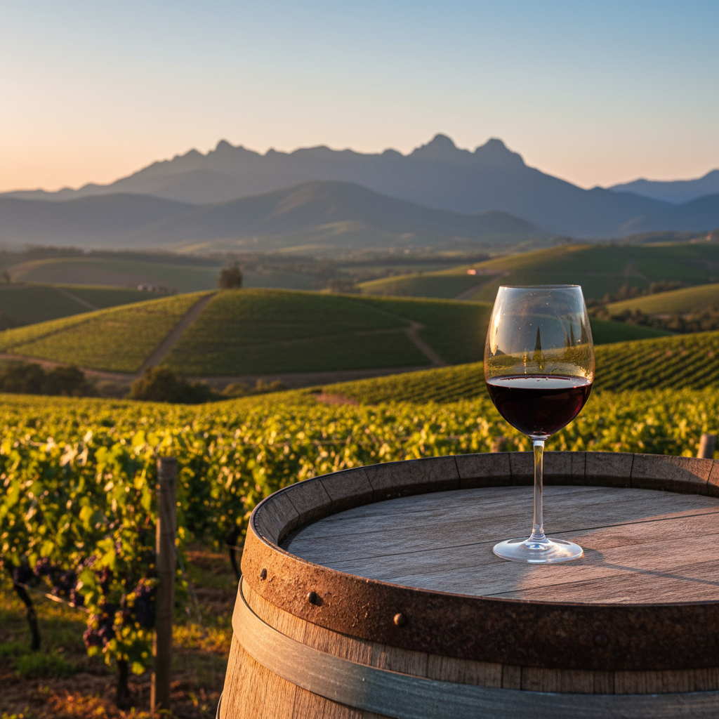Vinhedo exuberante na Serra Catarinense ao pôr do sol, com taça de vinho tinto sobre barril de carvalho, simbolizando o enoturismo.