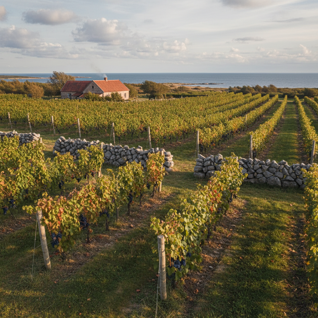 Vinhedo verdejante na ilha de Saaremaa, Estônia, com paisagem costeira ao fundo, simbolizando a inovação na produção de vinho nórdico.