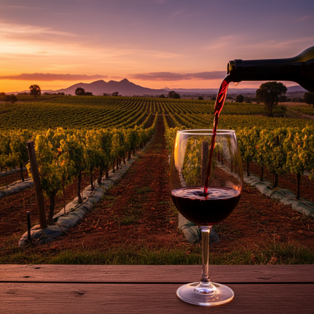 Vinhedo angolano ao pôr do sol com uma taça de vinho tinto em primeiro plano, destacando a beleza da viticultura local.