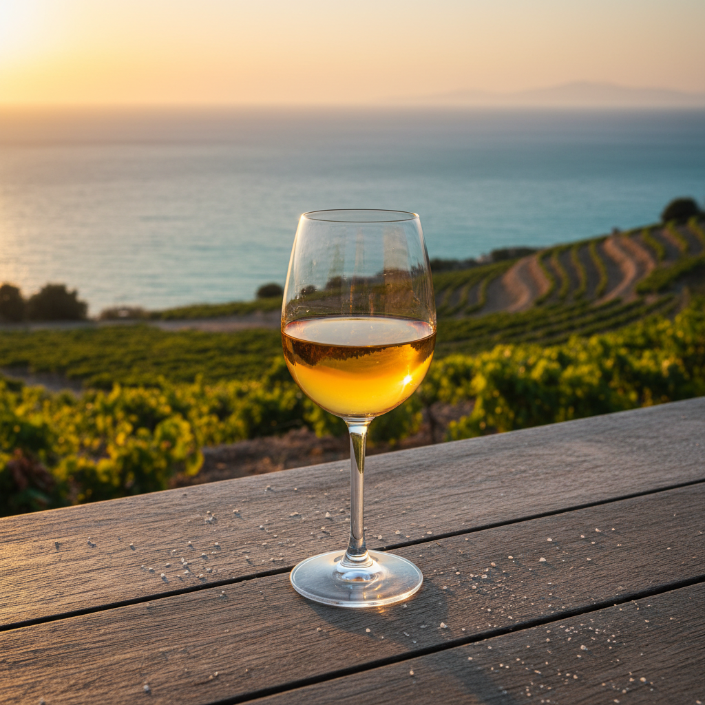 Taça de vinho doce Moschato de Samos com a paisagem ensolarada de um vinhedo grego e o Mar Egeu ao fundo.
