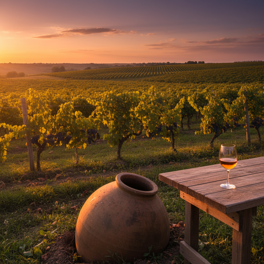 Vinhedo georgiano com parreiras de Saperavi e Rkatsiteli, um Qvevri tradicional e uma taça de vinho âmbar ao pôr do sol.