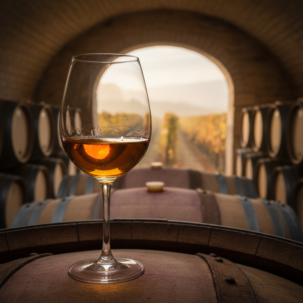 Taça elegante de vinho Sauternes dourado sobre barril de carvalho em adega, com vinhedo nebuloso ao fundo.