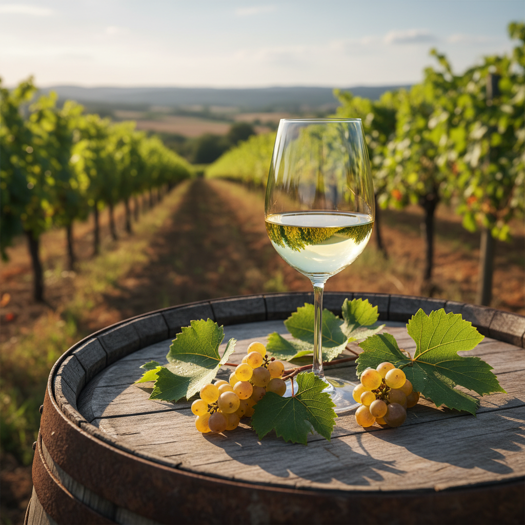 Taça de vinho Sauvignon Blanc em um barril de carvalho no meio de um vinhedo ensolarado.