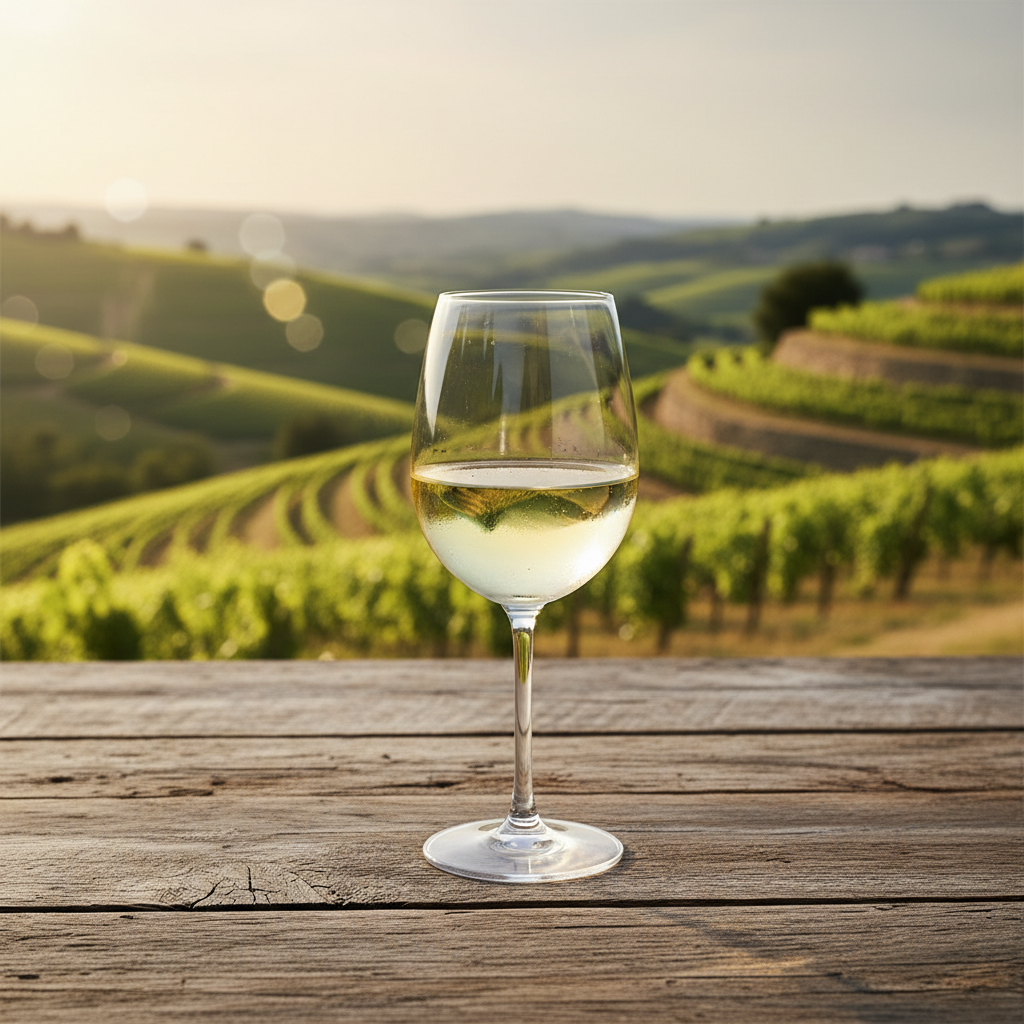 Taça de vinho Sauvignon Blanc em primeiro plano, com vinhedos exuberantes da Nova Zelândia e da França sutilmente em segundo plano, simbolizando a comparação de estilos.