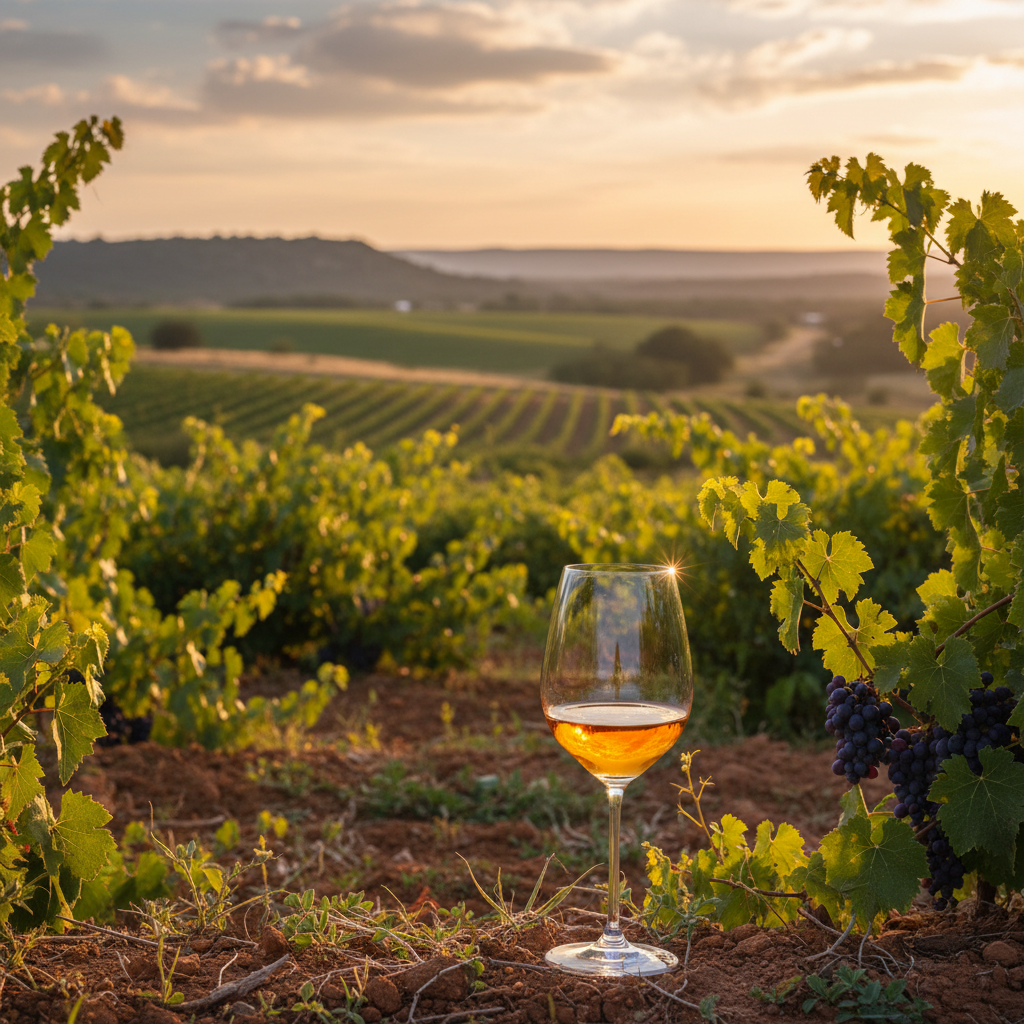 Vinhedo ensolarado em uma região vinícola emergente dos EUA, com taça de vinho em primeiro plano e colinas ao fundo, simbolizando o potencial oculto.