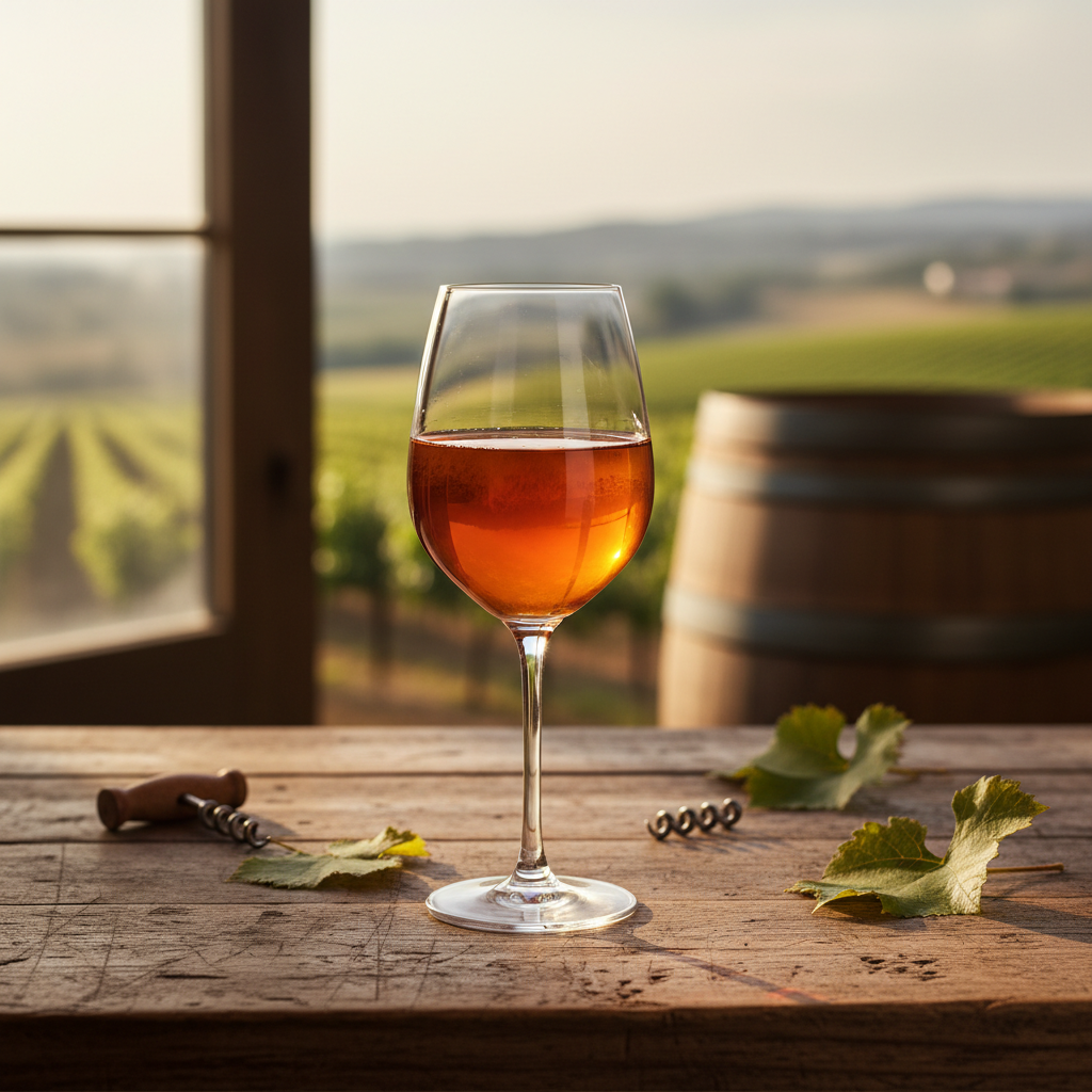 Taça de vinho laranja em mesa de madeira rústica, com luz natural e vinhedos desfocados ao fundo, transmitindo uma atmosfera sofisticada.