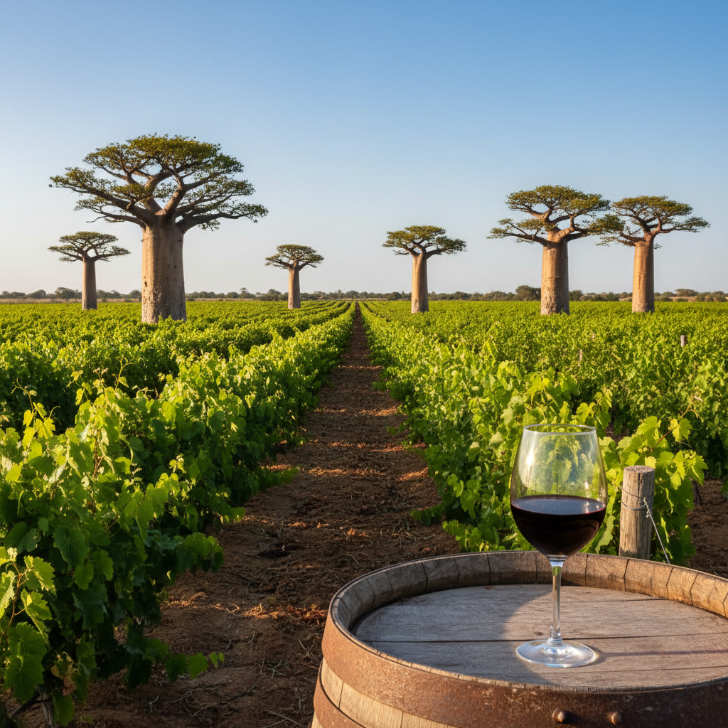 Vinhedo exuberante no Senegal, com baobás ao fundo e uma taça de vinho tinto sobre um barril de madeira, simbolizando a rota do vinho africana.