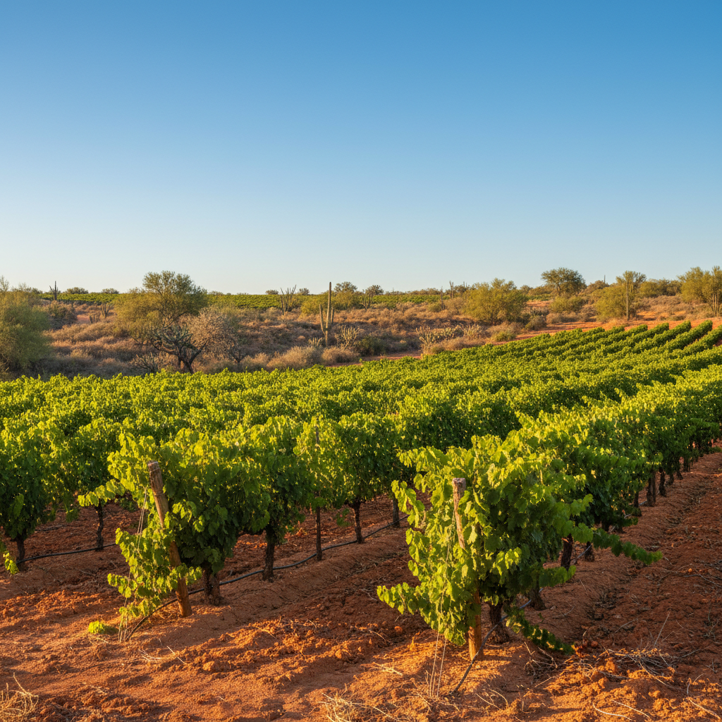 Vinhedo exuberante em solo avermelhado sob o sol do Senegal, simbolizando o potencial vitivinícola inesperado da região.