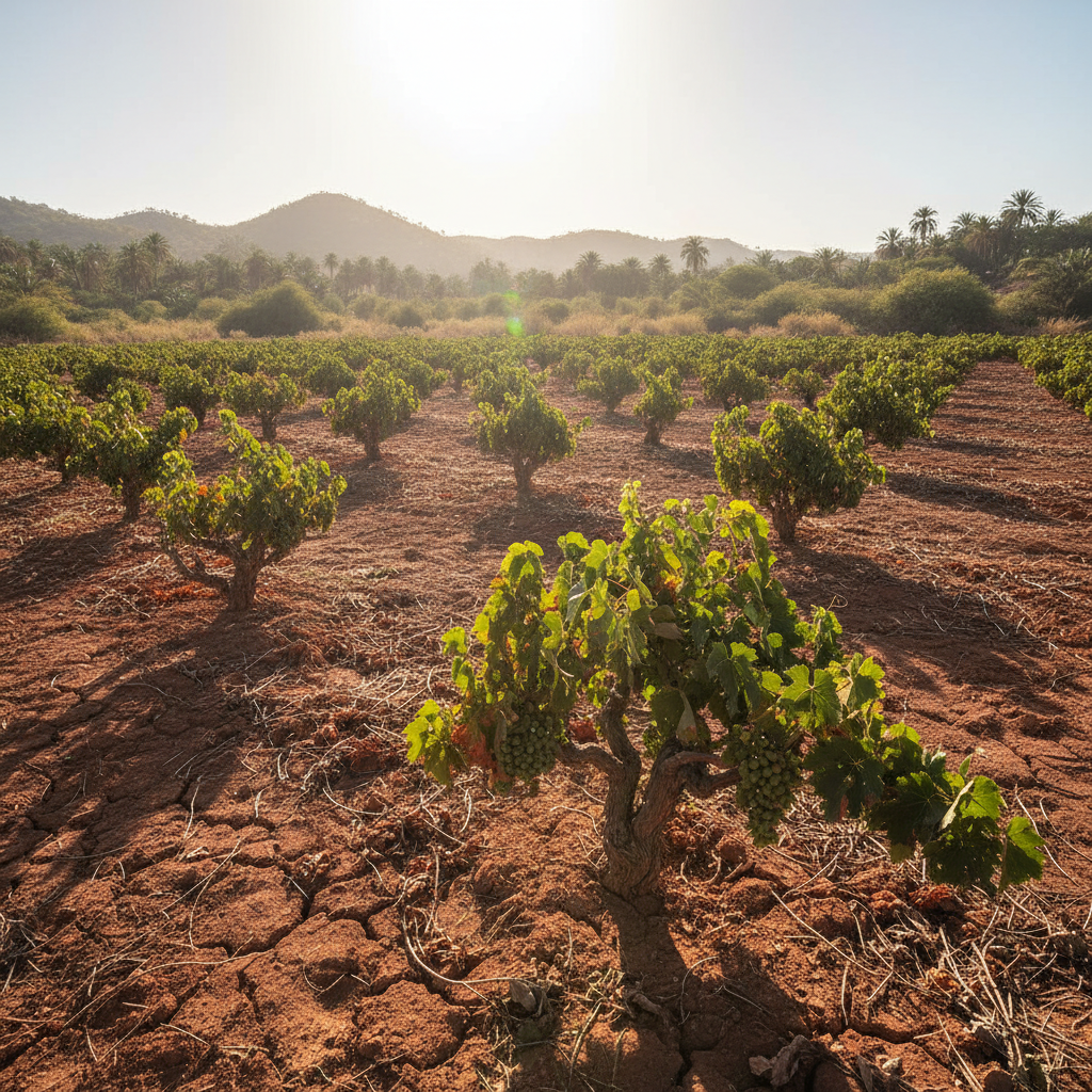 Vinhedo em região tropical emergente, com solo seco e vegetação adaptada ao calor, simbolizando a viticultura no Senegal.
