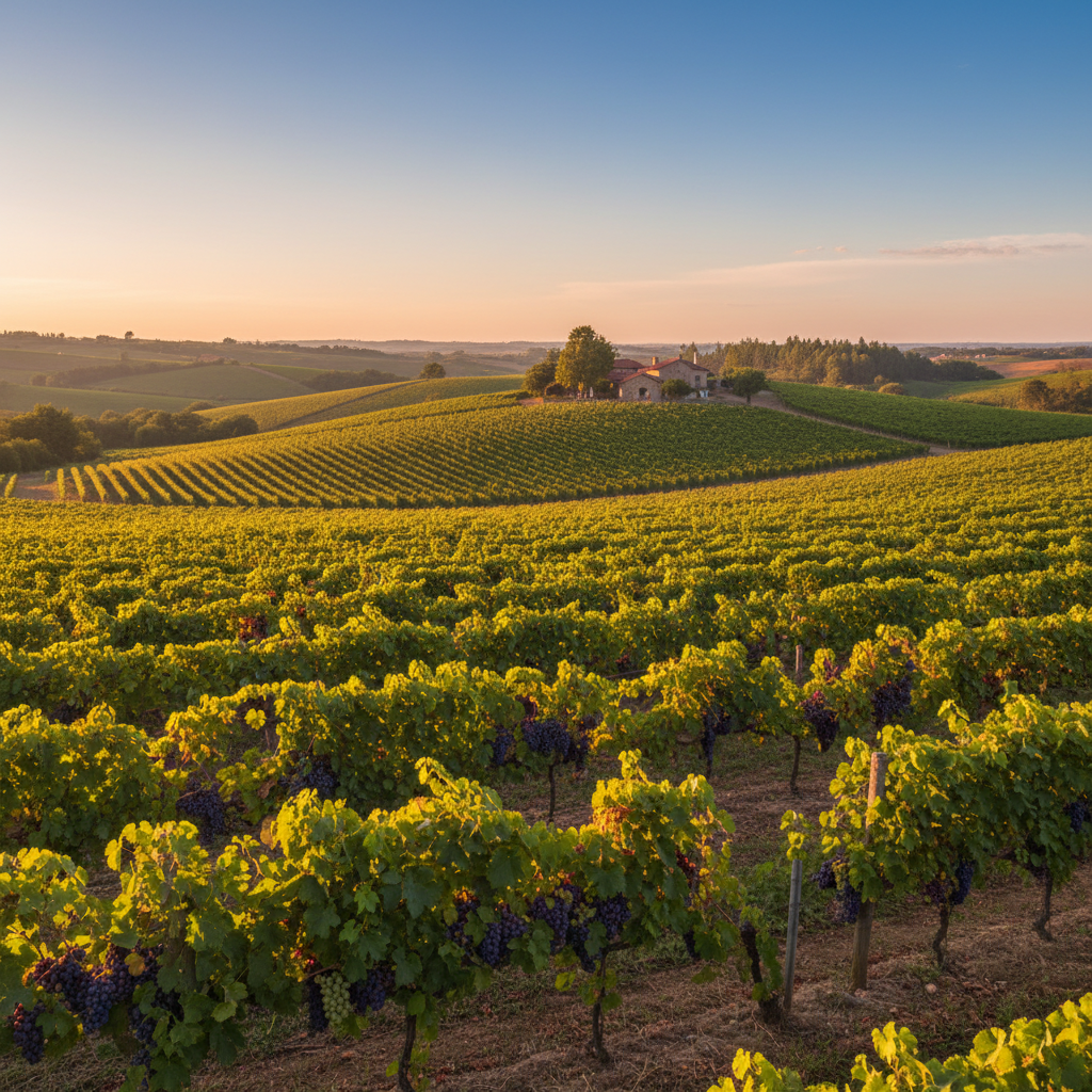Vinhedo exuberante na Serra Gaúcha durante o pôr do sol, com fileiras de parreiras carregadas de uvas prontas para a colheita, sob um céu azul.