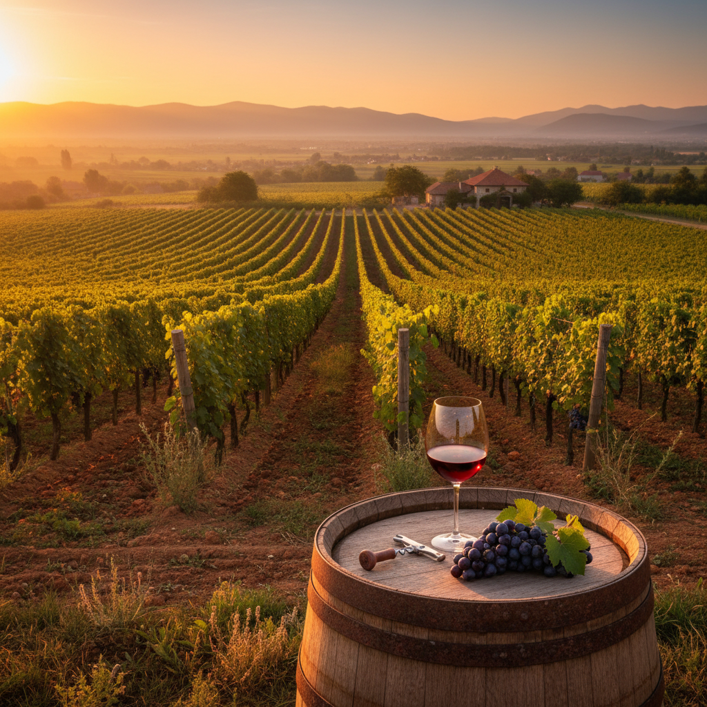Vinhedo sérvio ao pôr do sol com um copo de vinho tinto sobre um barril de madeira, simbolizando a rica tradição vitivinícola e a beleza natural da região.