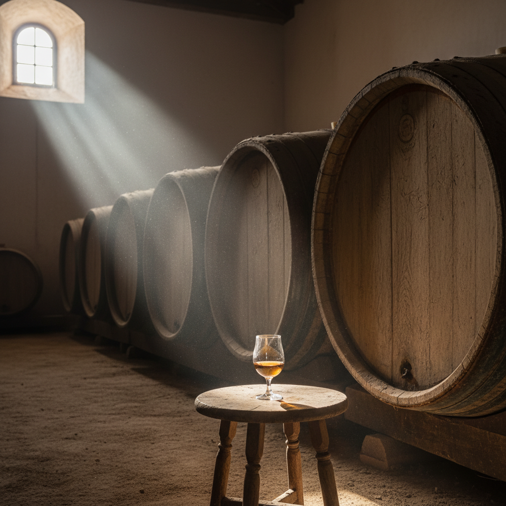 Copita de Sherry em uma adega tradicional de Jerez, com barris de carvalho ao fundo.