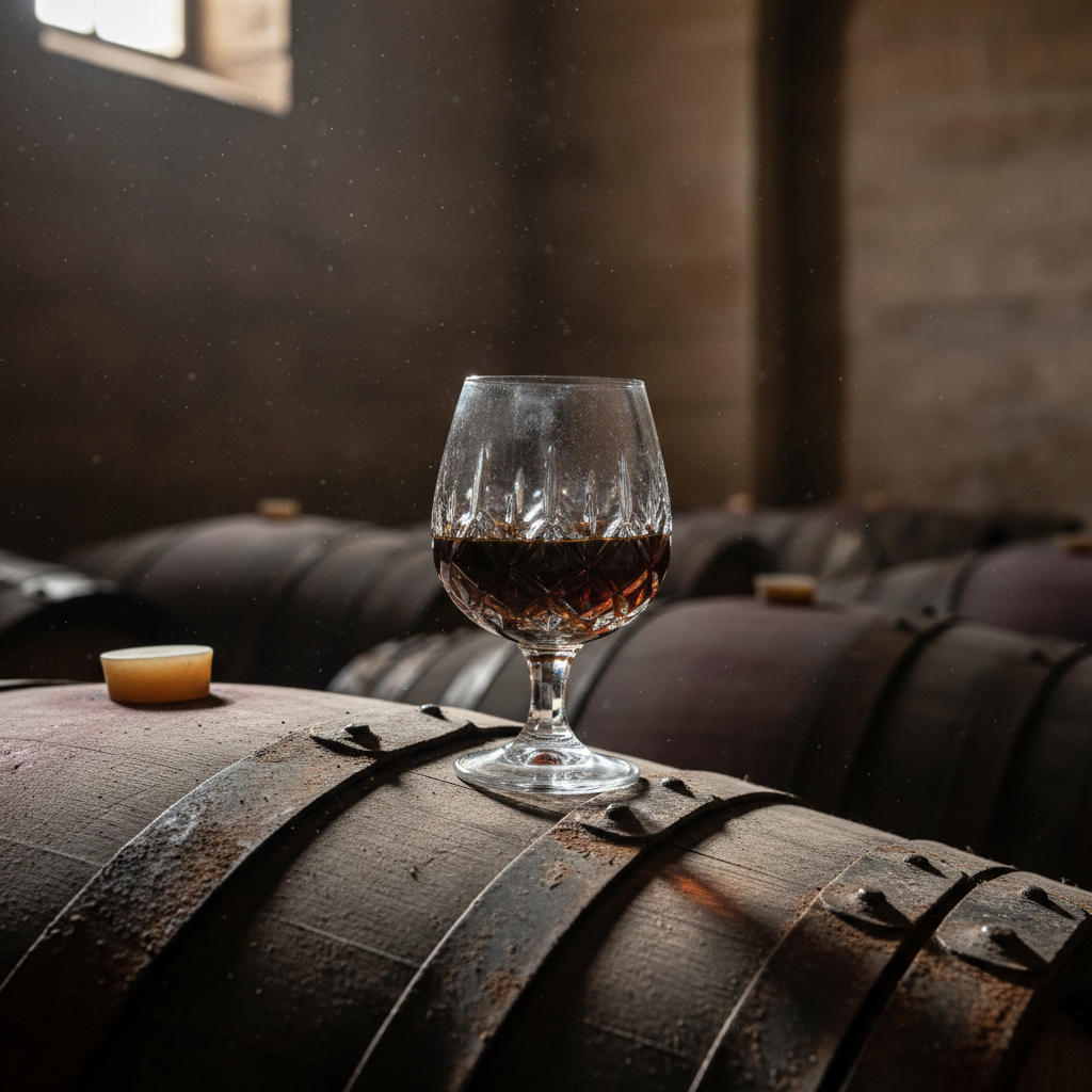 Uma taça de vinho Pedro Ximénez escuro e denso sobre um barril de carvalho antigo em uma adega de Jerez.