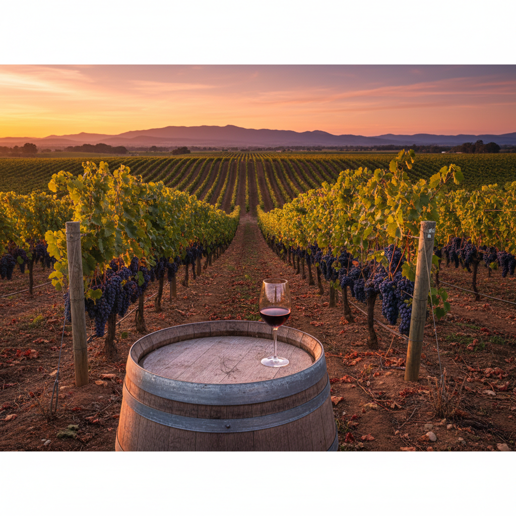 Taça de vinho Shiraz australiano sobre barril de carvalho em um vinhedo exuberante ao pôr do sol.
