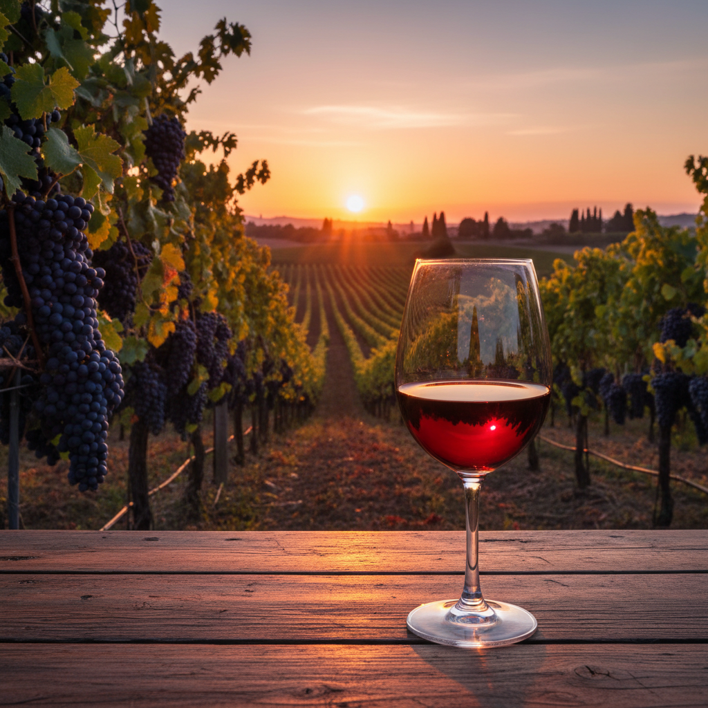 Um vinhedo de uvas Shiraz ao pôr do sol, com cachos maduros na videira e uma taça de vinho tinto em primeiro plano.