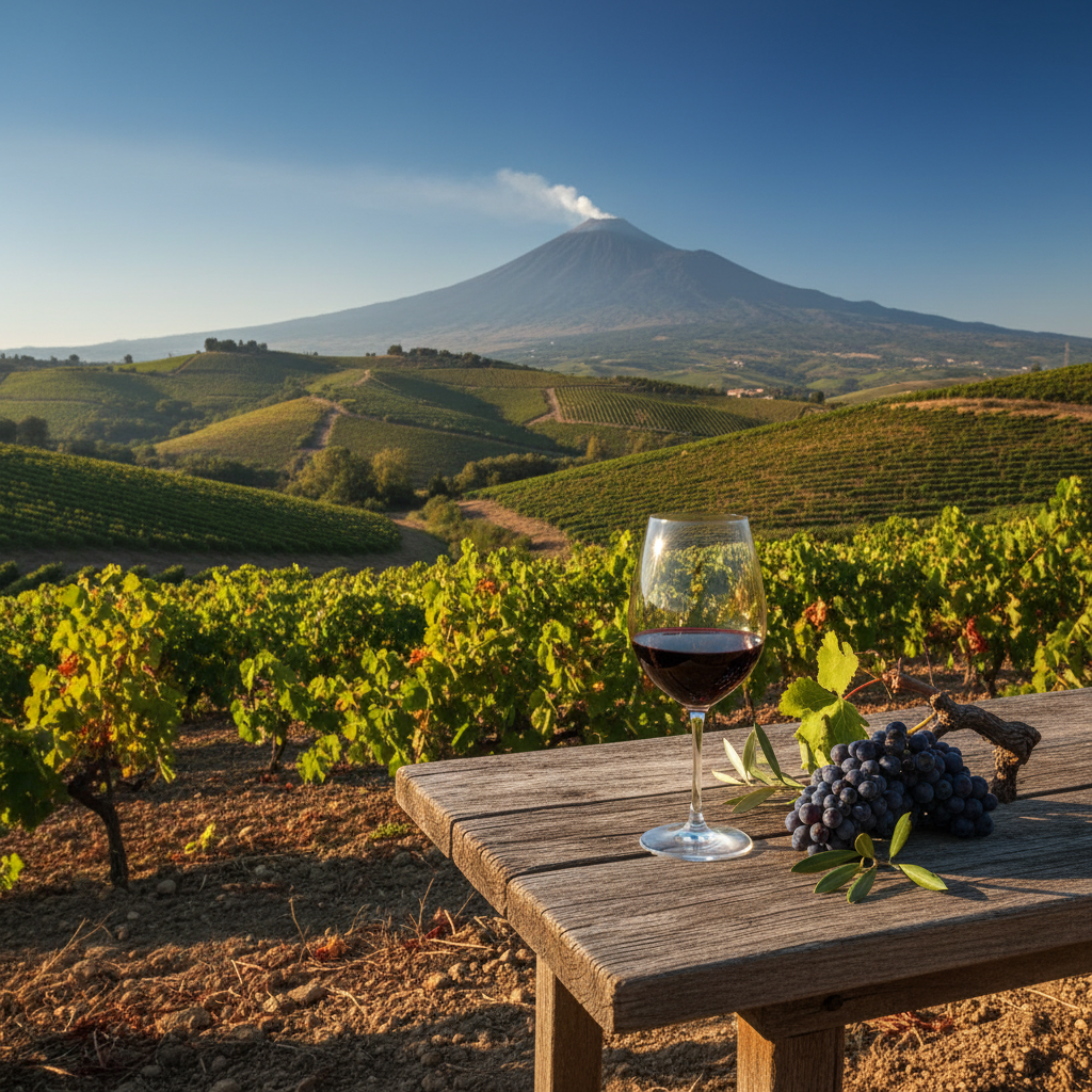 Vinhedo siciliano com o Monte Etna ao fundo e uma taça de vinho tinto em uma mesa rústica.
