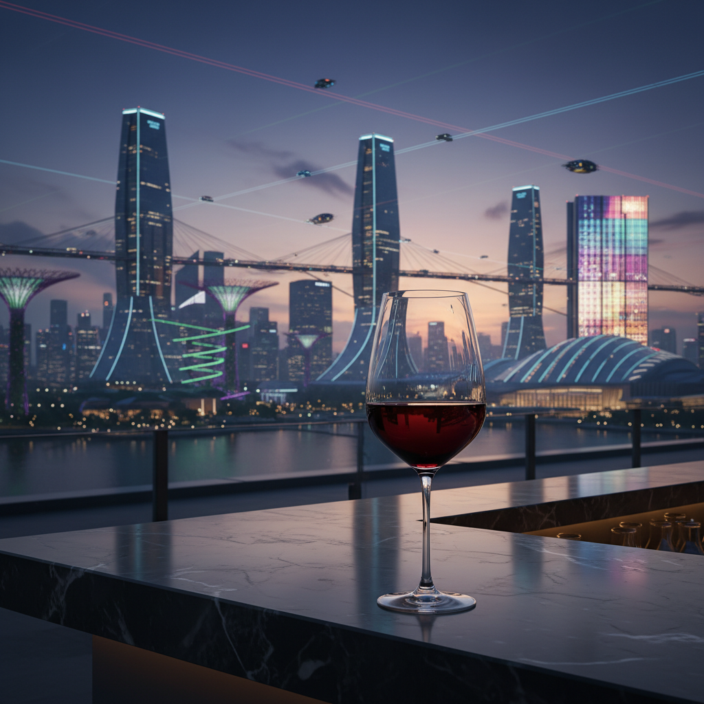 Taça de vinho tinto em um rooftop bar moderno com vista para o horizonte futurista de Singapura ao pôr do sol.