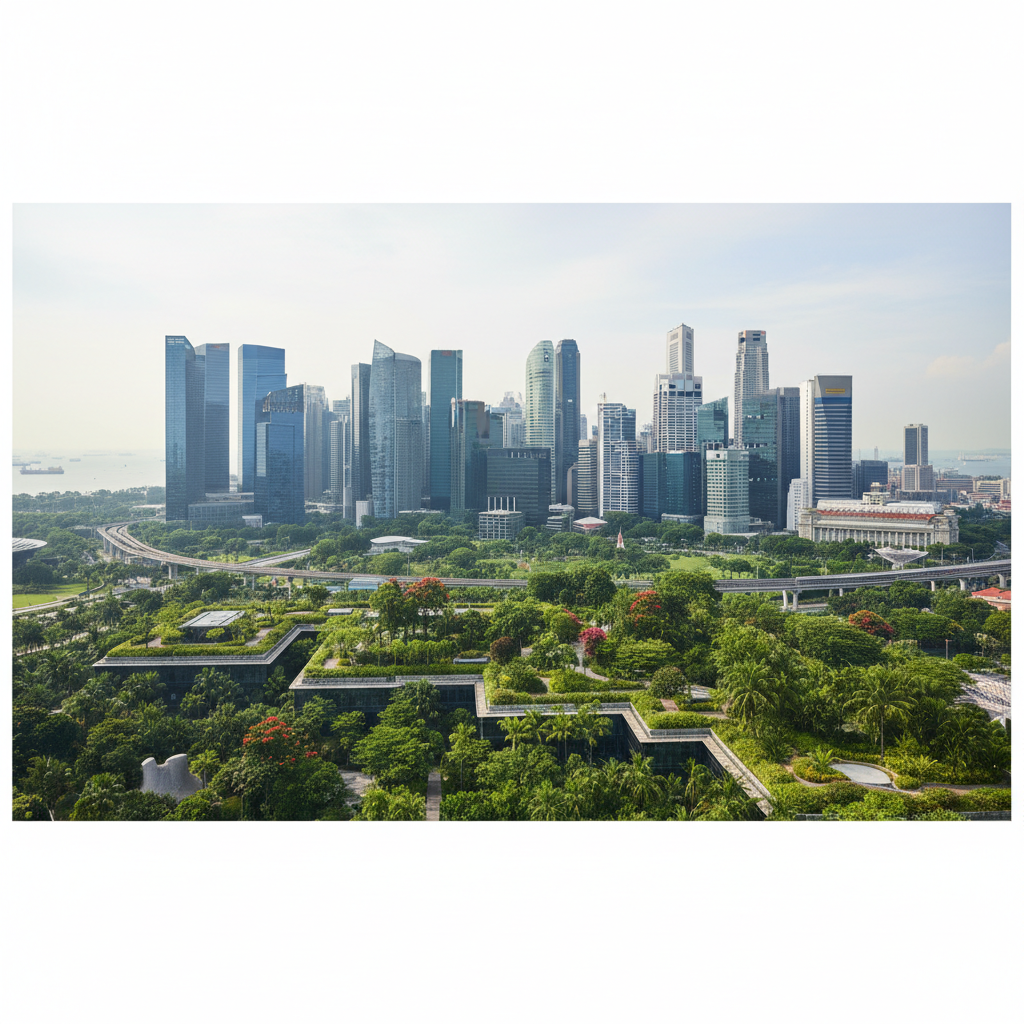 Paisagem urbana de Singapura com arranha-céus e vegetação tropical densa, ilustrando o clima e a geografia desafiadores para a viticultura.