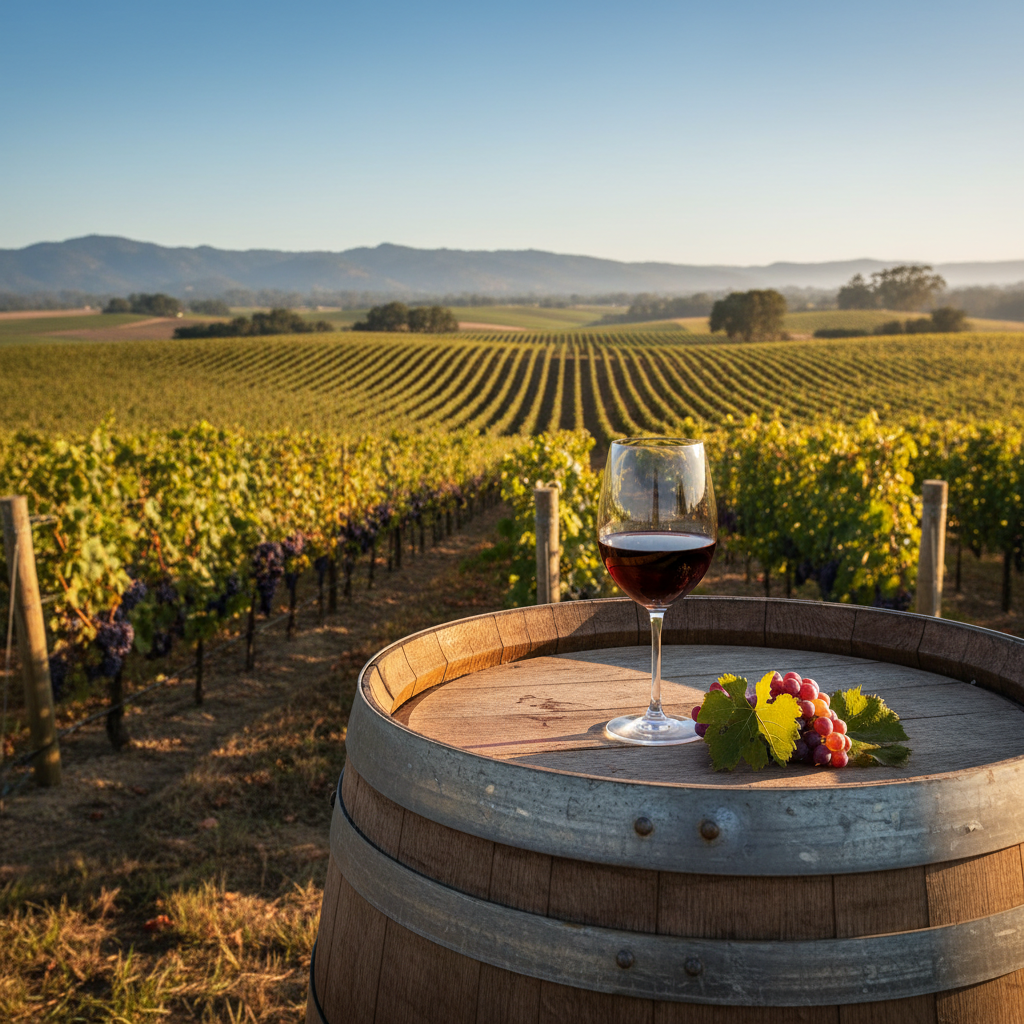 Vinhedos exuberantes de Sonoma County ao pôr do sol, com um barril de carvalho rústico e uma taça de vinho tinto, simbolizando a riqueza e a qualidade dos vinhos da região.