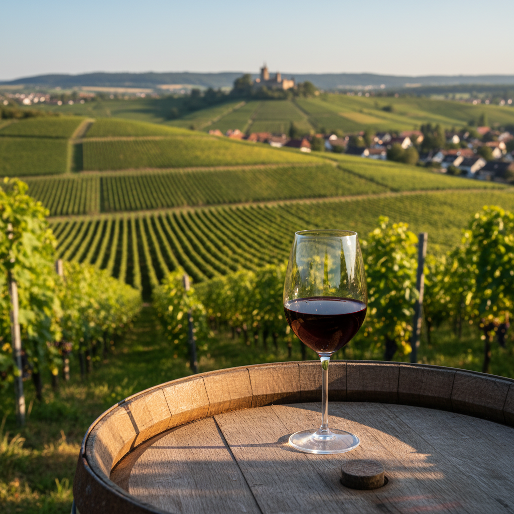 Vista panorâmica de um vinhedo ensolarado em Baden, Alemanha, com uma taça de Spätburgunder repousando sobre um barril de carvalho, simbolizando a excelência do Pinot Noir alemão.