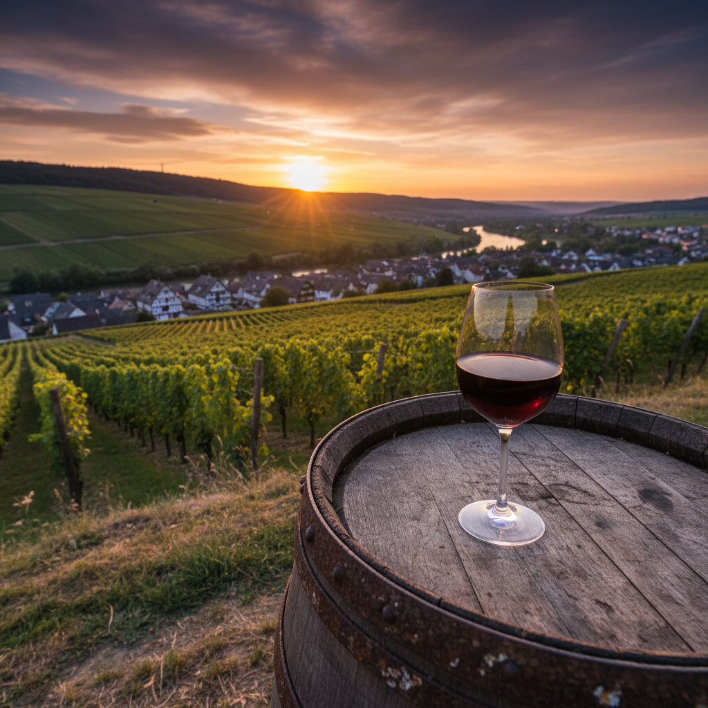 Taça de vinho tinto Spätburgunder em um barril de carvalho, com um vinhedo alemão ao fundo ao pôr do sol.