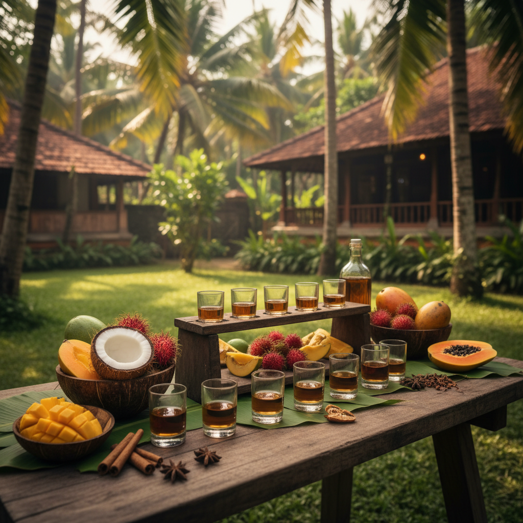 Mesa rústica de degustação ao ar livre num jardim tropical do Sri Lanka, com copos de Arrack e Toddy, frutas exóticas e palmeiras ao fundo.
