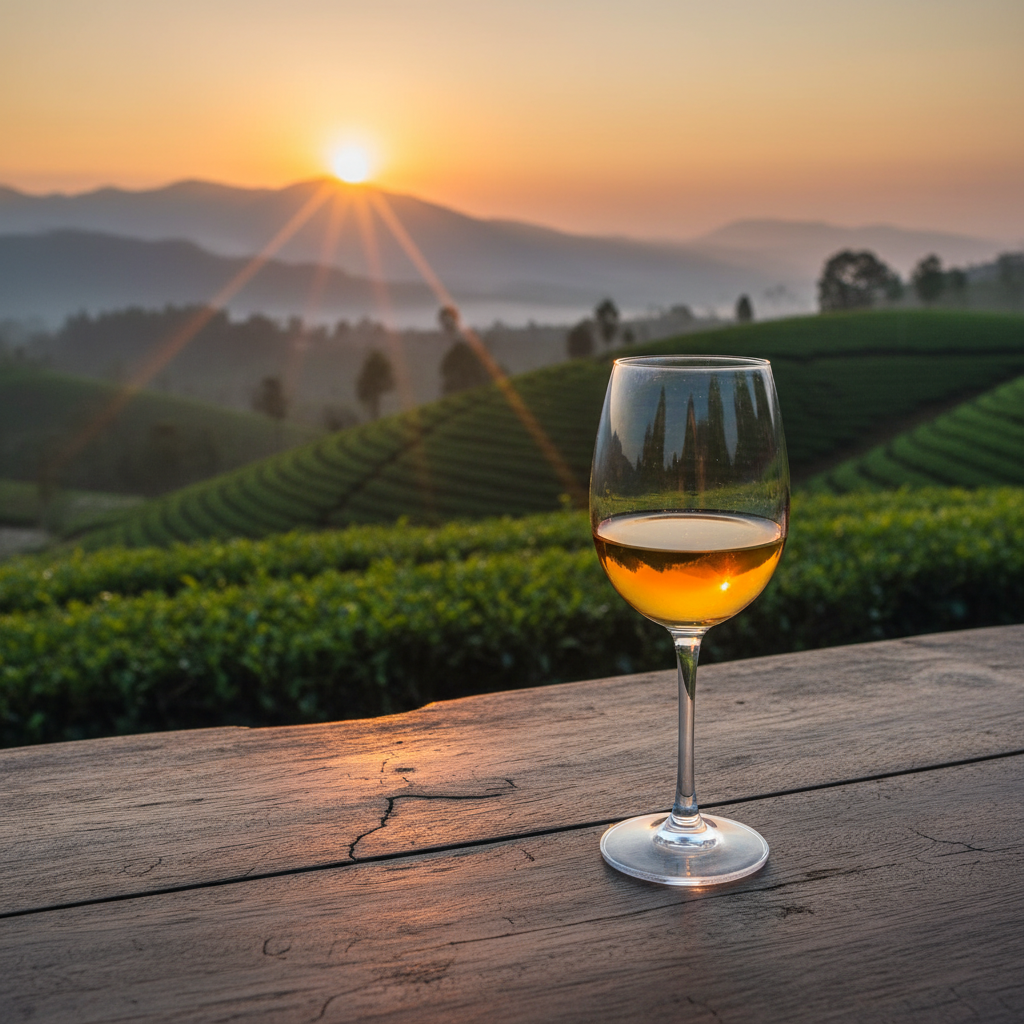 Taça de vinho em mesa de madeira rústica, com plantação de chá verde exuberante do Sri Lanka ao fundo, sob a luz dourada do pôr do sol.