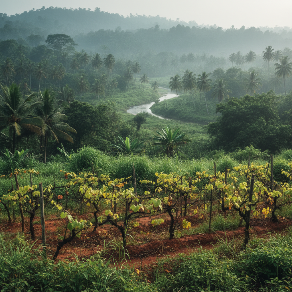 Vinhedo experimental e estressado em meio a uma exuberante paisagem tropical úmida no Sri Lanka, ilustrando os desafios da viticultura em climas equatoriais.