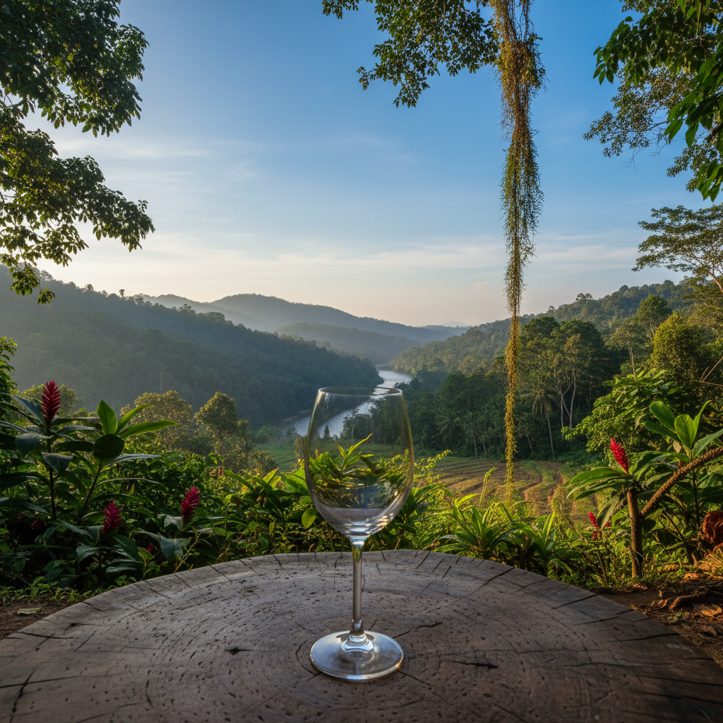 Taça de vinho elegante em meio a paisagem tropical exuberante do Sri Lanka, simbolizando a viticultura emergente e os desafios climáticos da ilha.