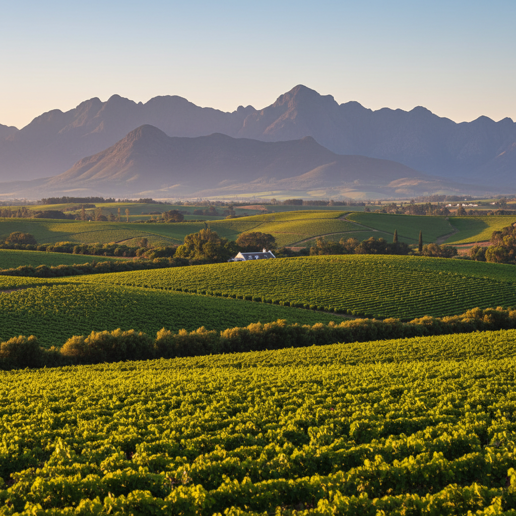 Vinhedos exuberantes de Stellenbosch, África do Sul, sob a luz dourada do entardecer, com montanhas majestosas ao fundo.